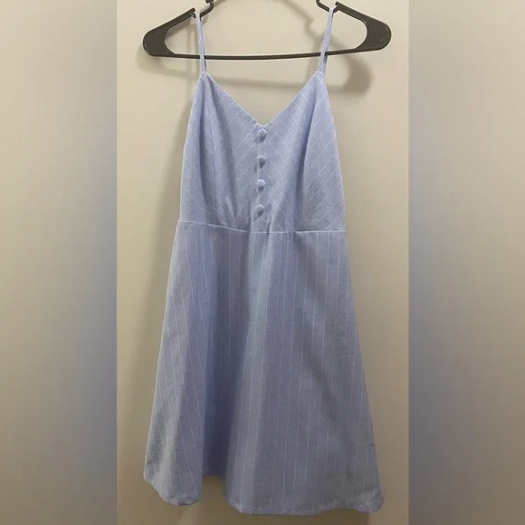 Lulus Shoreline Stripes Light Blue Striped Spaghetti strap Skater Dress NWT - Picture 2 of 6